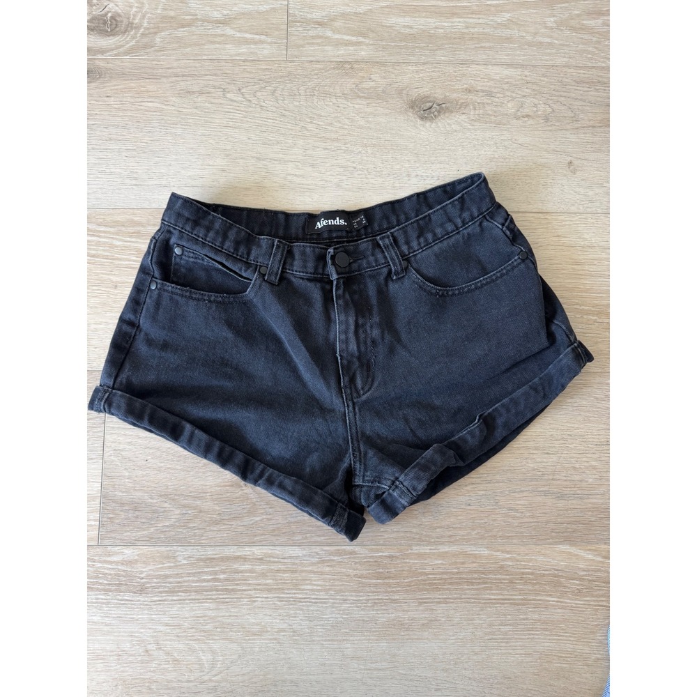 Afends Black Denim‎ High Waisted Rolled Hem Shorts Womens Size 6 US AU 10